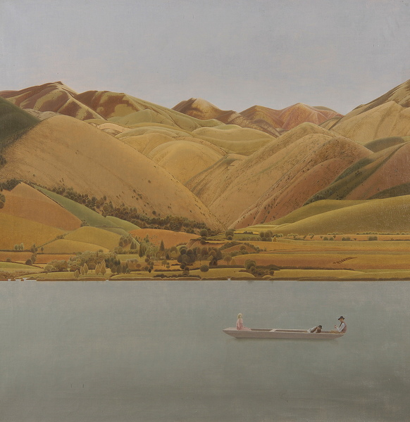 Artist Winifred Knights: Edge of Abruzzi; Boat with three people on a lake, 1924-30